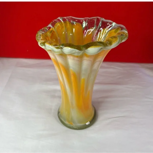 Handblown Glass Petal Vase Orange White Swirl Stretched Art Vintage - Picture 3 of 5
